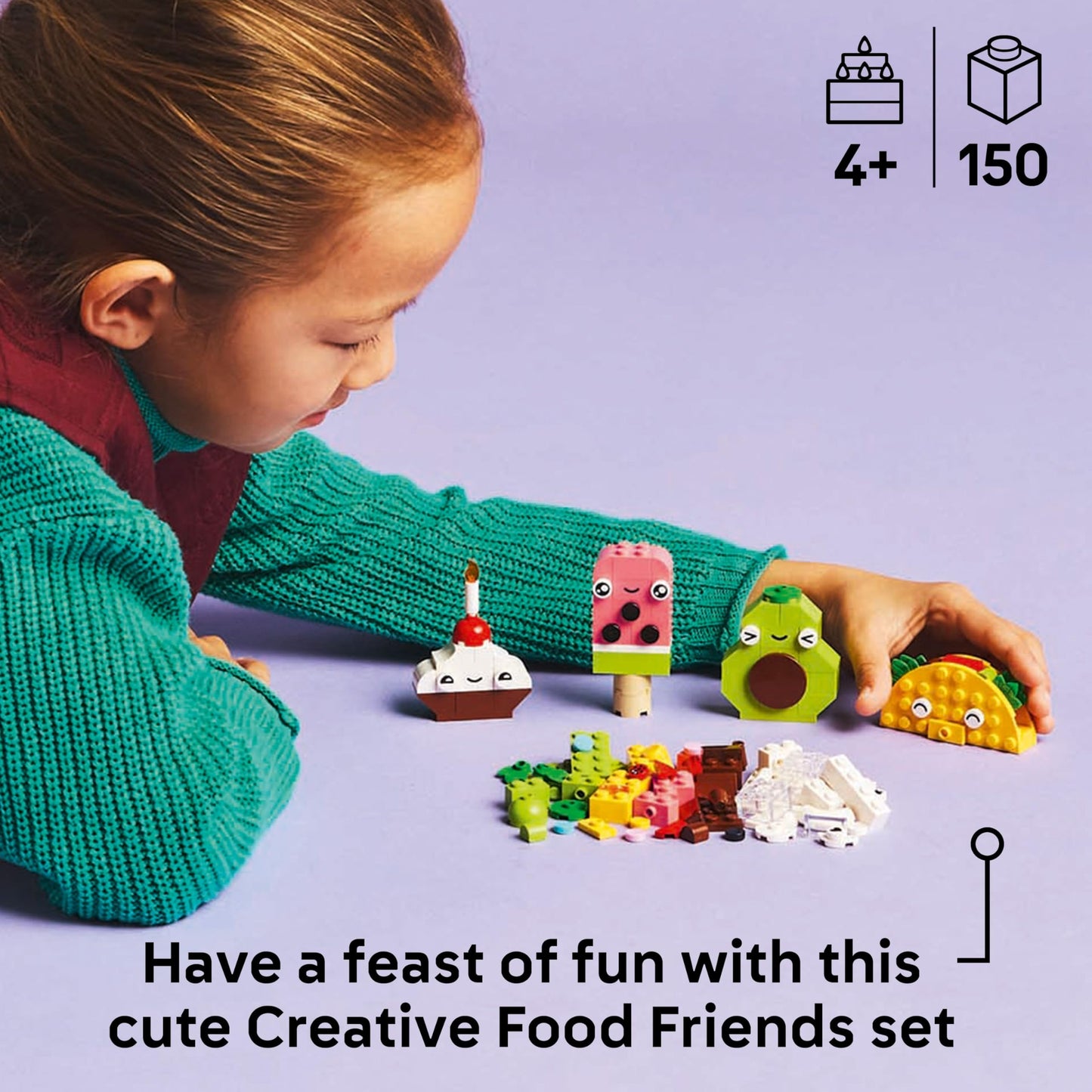 LEGO Classic Creative Food Friends Playset with assorted bricks to build cupcake, ice cream, avocado, and taco.