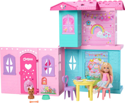 Barbie Chelsea Toy Dollhouse with 15+ Accessories, Pop-Up House Expands to 17+ x 13+ inches with 5 Play Areas & Slide, Includes Small Doll & Pet Dog, JFW49