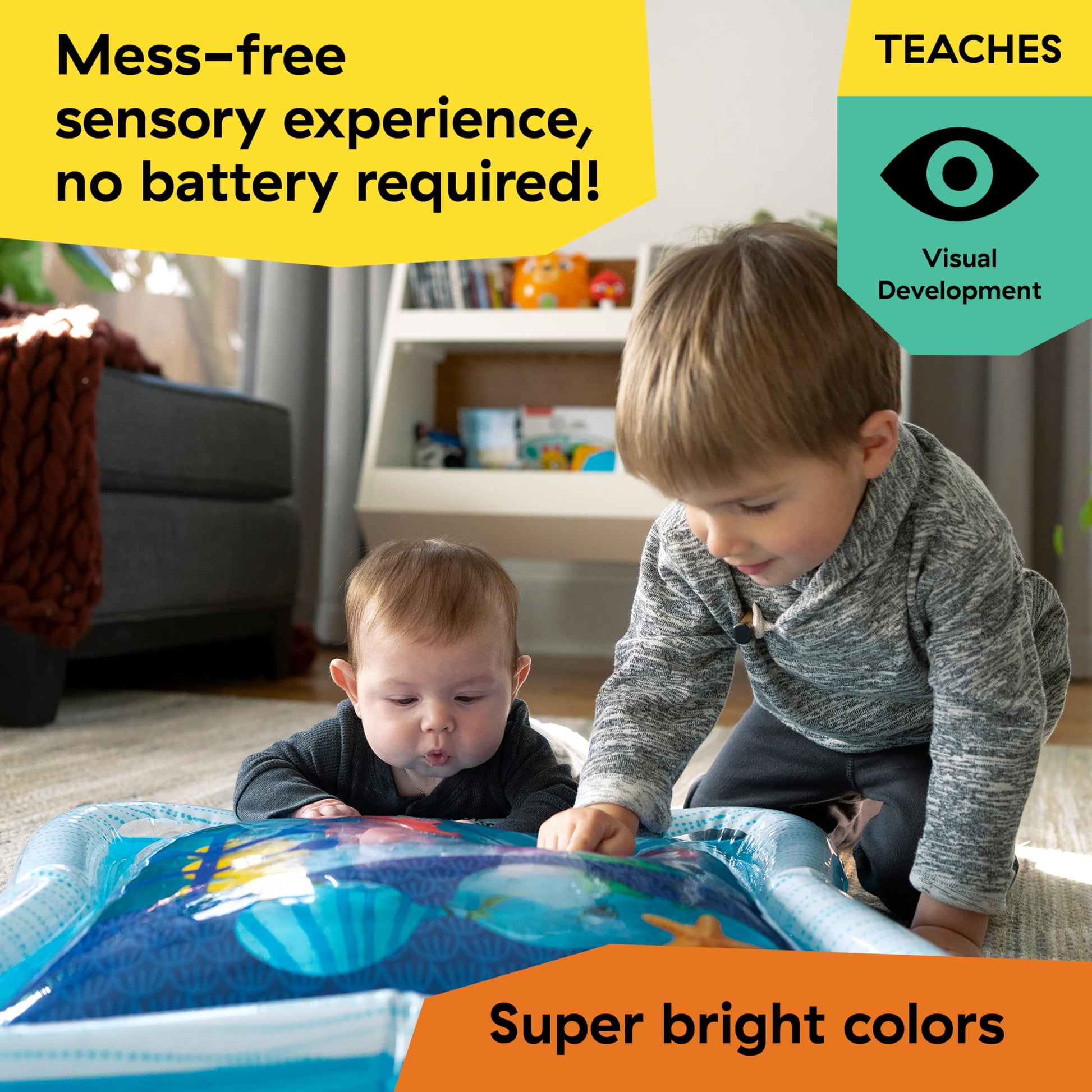 Baby Einstein Ocean of Discovery tummy time water play mat with sensory toys for newborns and babies, featuring colorful ocean-themed designs.