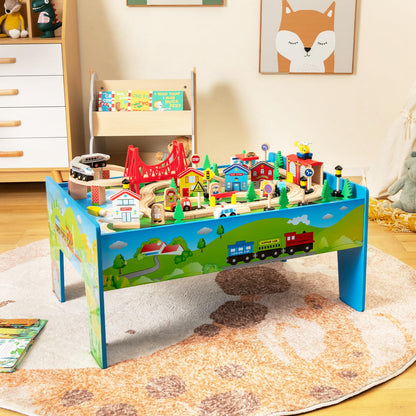 COSTWAY Train Track Set and Table, Wood Kids Play Tables with Abundant Accessories, DIY Railway Activity Playset for Boys Girls