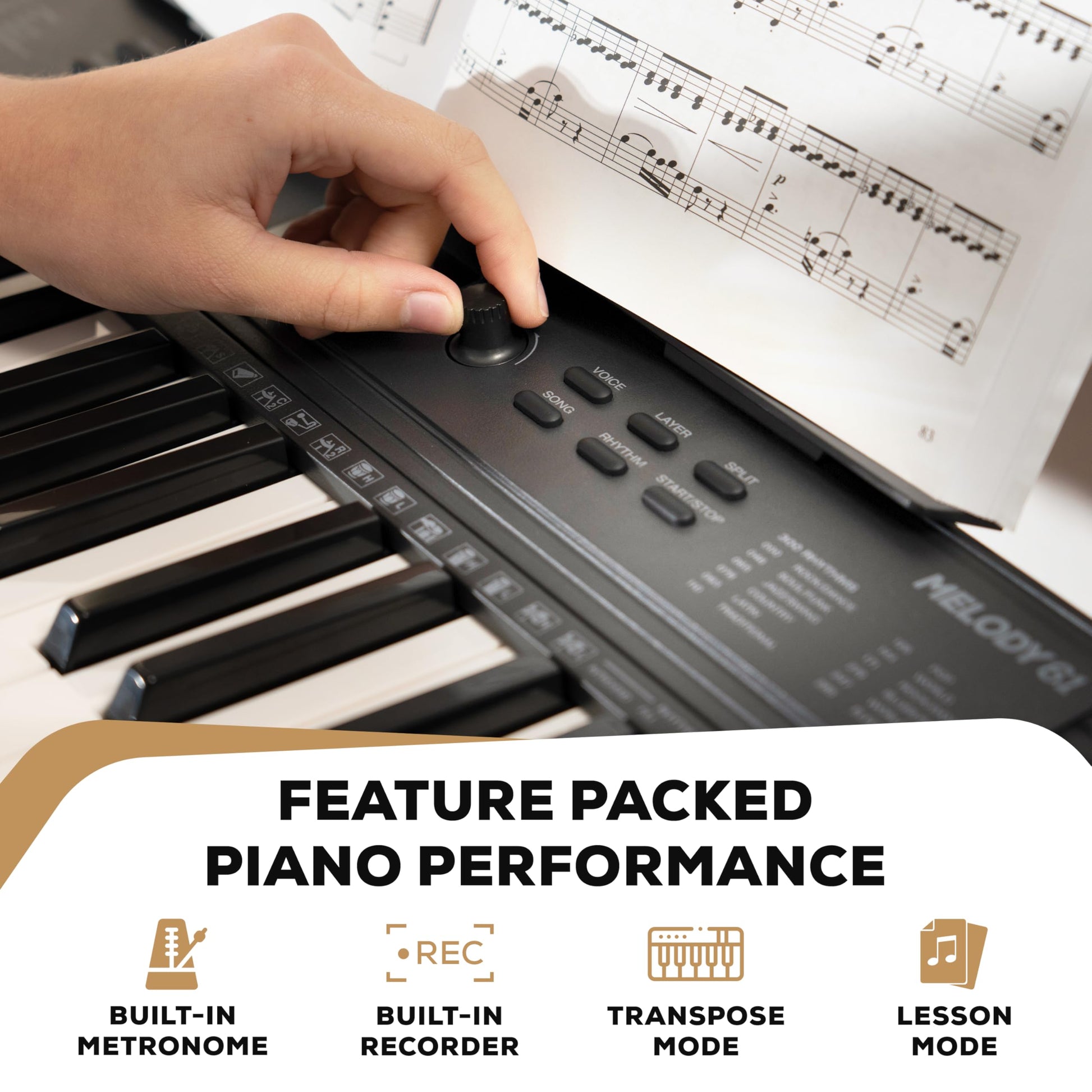Alesis Melody 61 keyboard piano with 61 keys, speakers, stand, bench, headphones, and tablet/music stand for beginners.