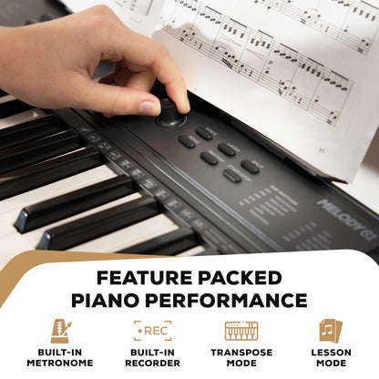 Alesis Melody 61 keyboard piano with 61 keys, speakers, stand, bench, headphones, and tablet/music stand for beginners.