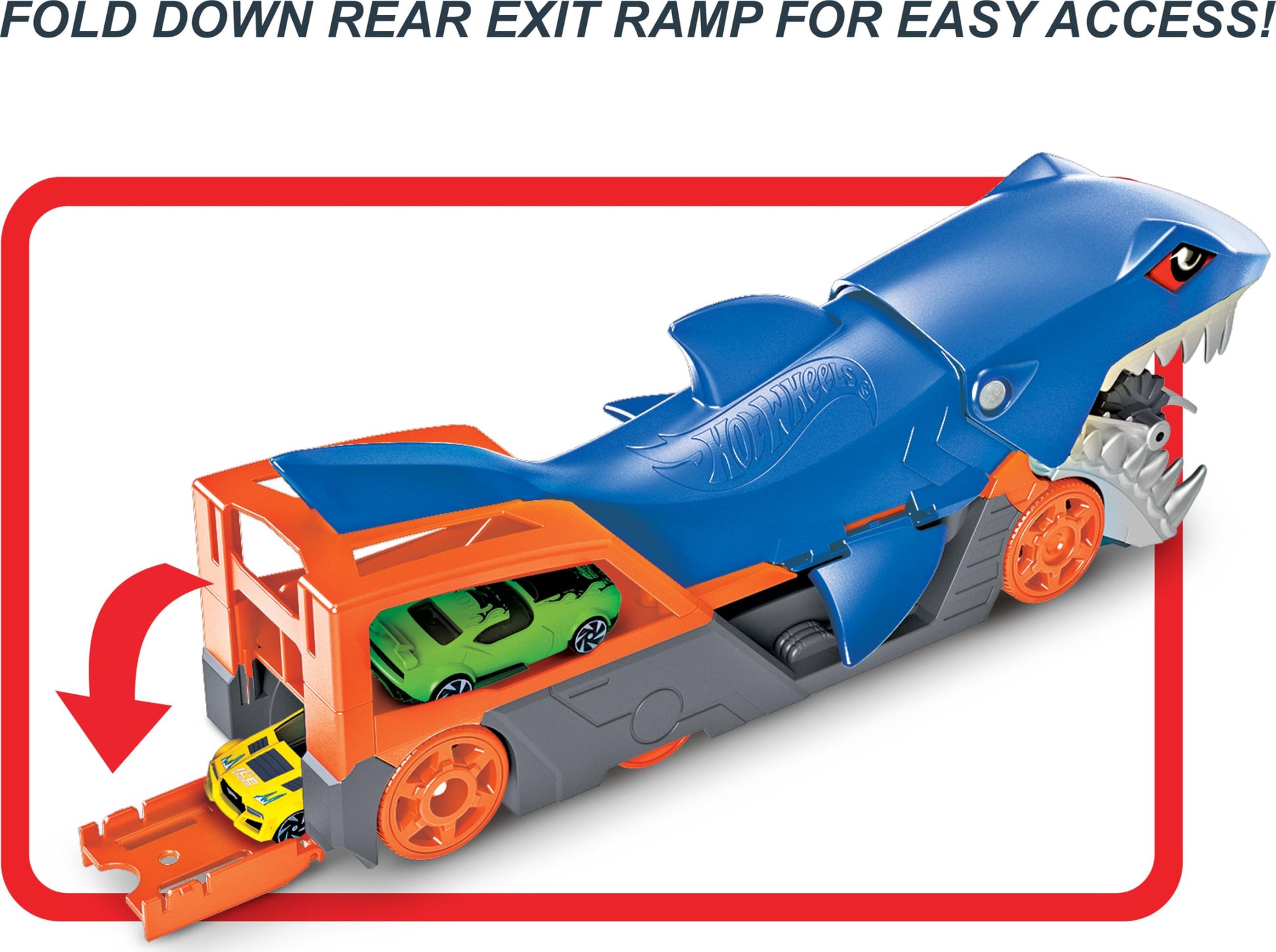 Hot Wheels Shark Chomp Transporter Playset with diecast car, featuring a shark design and vibrant colors.
