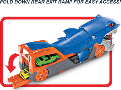 Hot Wheels Shark Chomp Transporter Playset with diecast car, featuring a shark design and vibrant colors.