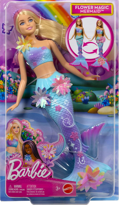 Barbie mermaid doll with long blonde hair, pink highlights, pearl headband, ombre tail, and surprise blooming flowers accessory.