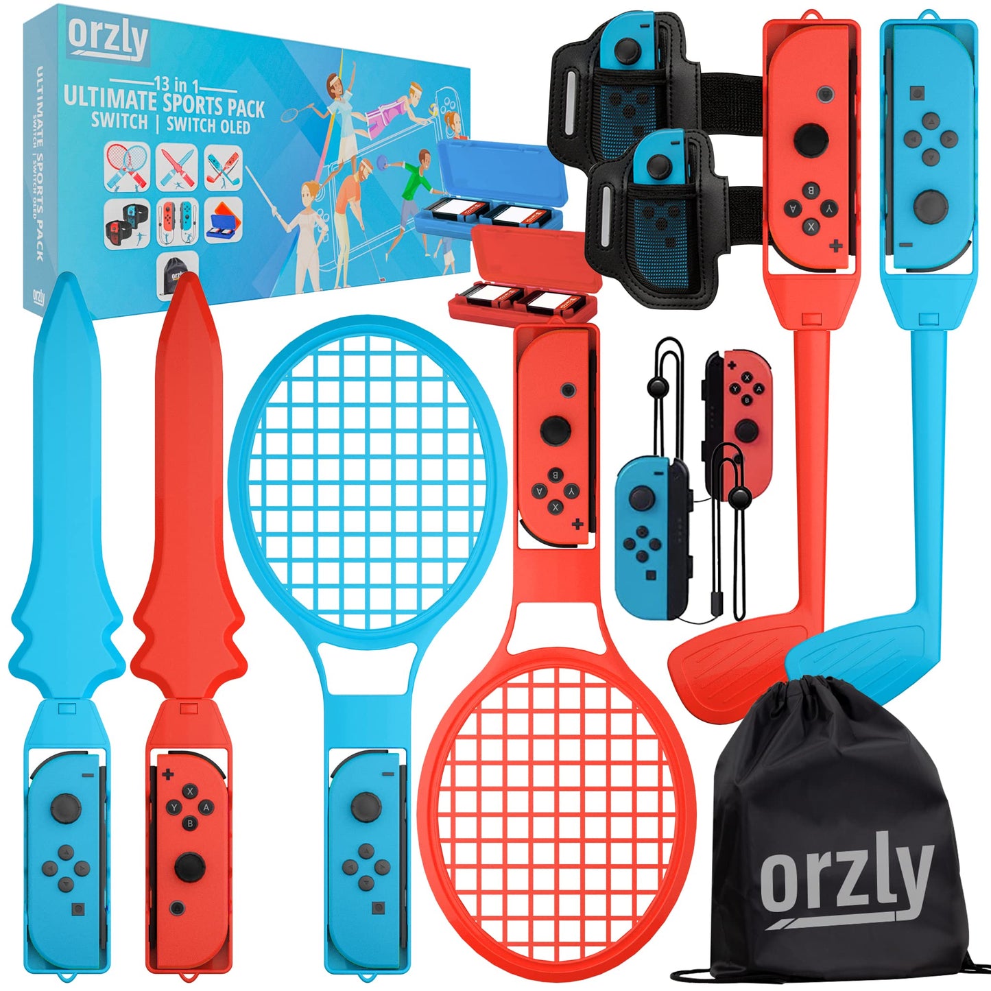 Orzly Switch Sports Games 2024 accessories bundle with tennis rackets, golf clubs, chambara swords, soccer straps, joycon grips, and carry bag.
