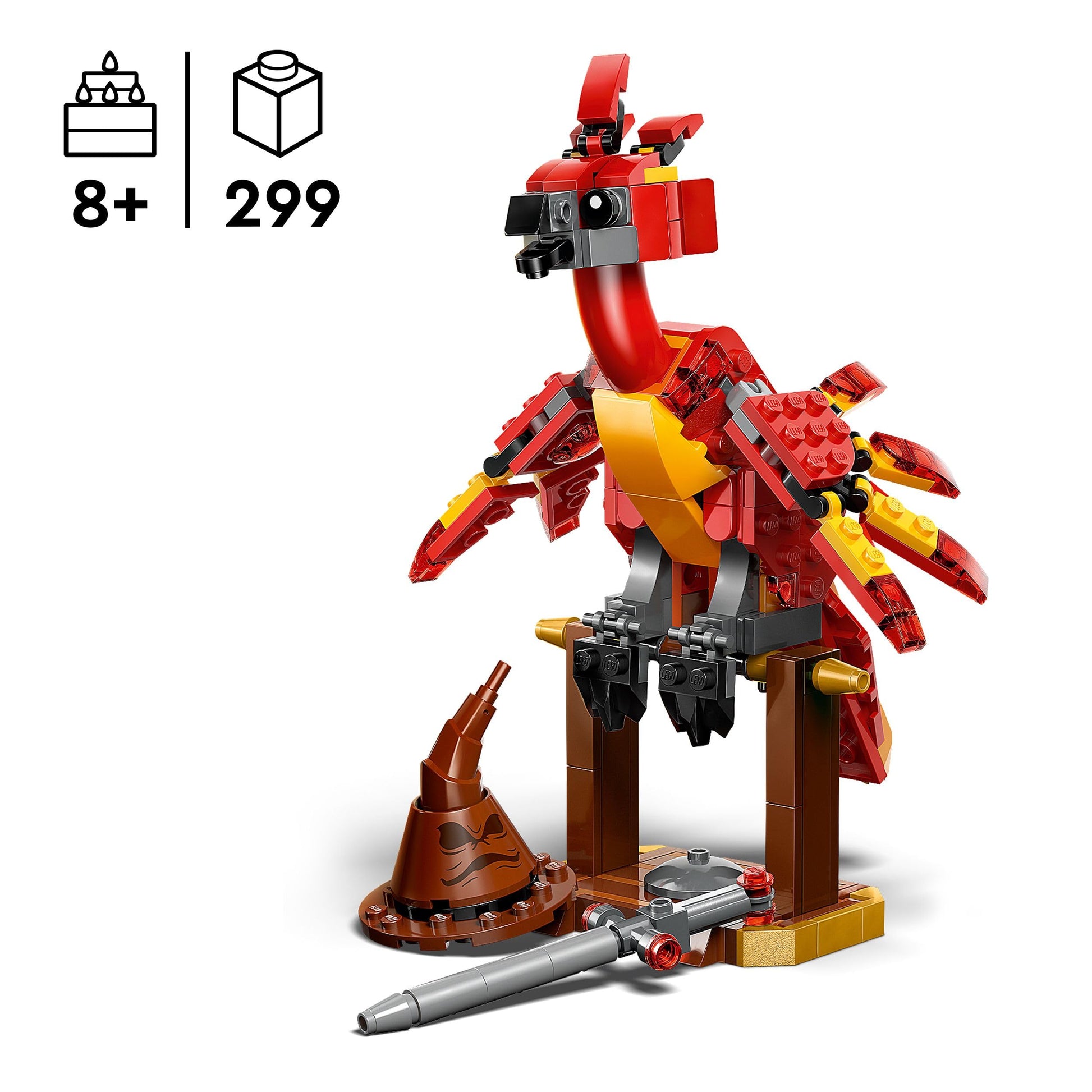 LEGO Harry Potter Fawkes figure with Sorting Hat and Sword of Gryffindor, colorful toy for ages 8 and up.