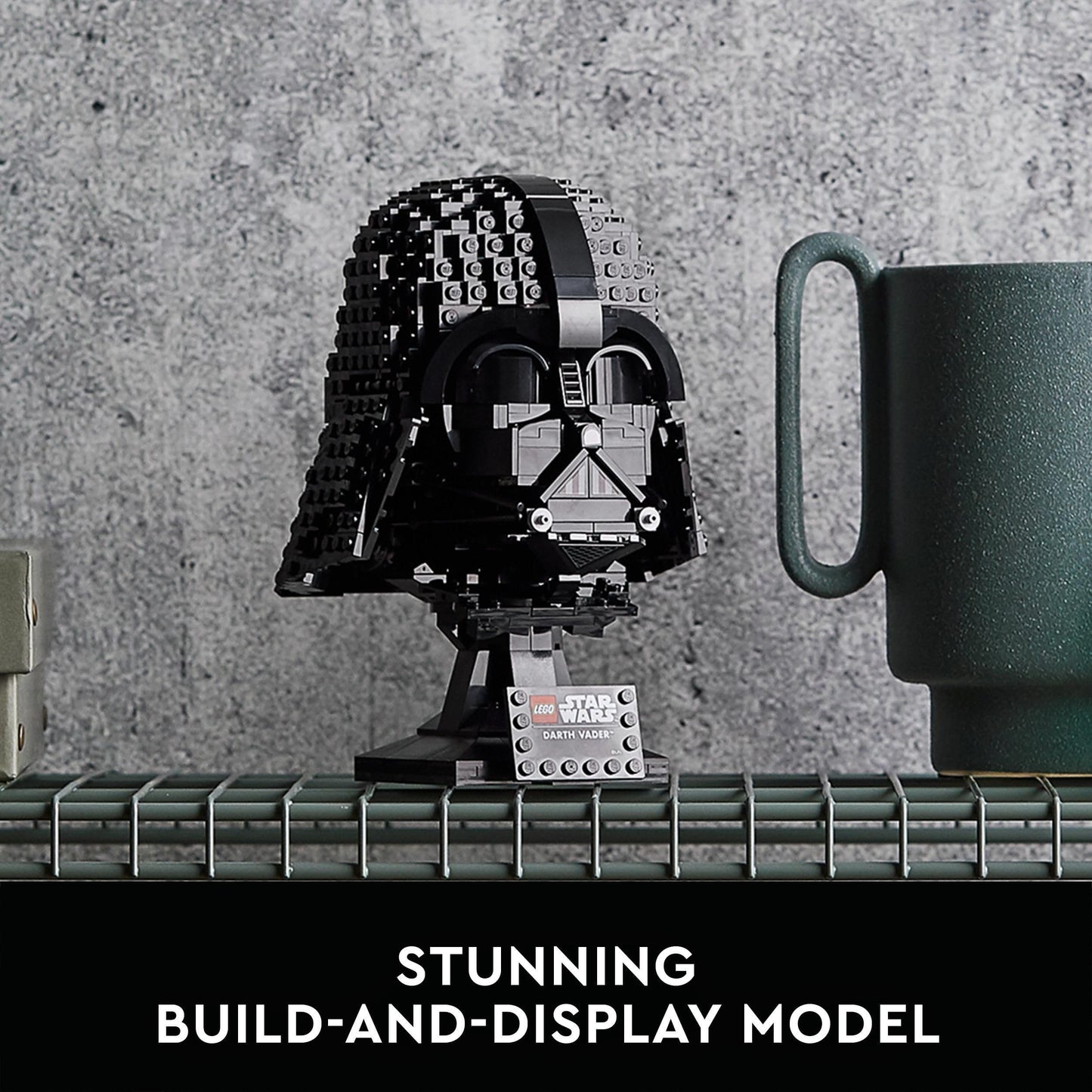 LEGO Star Wars Darth Vader Helmet model kit displayed with intricate detailing, perfect for collectors and home decor.