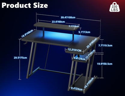 HOMIDEC Gaming Desk with LED Lights, 100CM Computer Desk with Monitor Stand, L Shaped Corner Desk with Headphone Hook and Shelves for Gaming Room, Bedroom, Office, Black