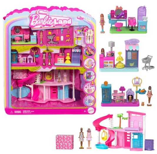 Barbie Mini DreamHouse with furniture, accessories, and four 1.5-inch dolls in pet boutique, hair salon, and supermarket.
