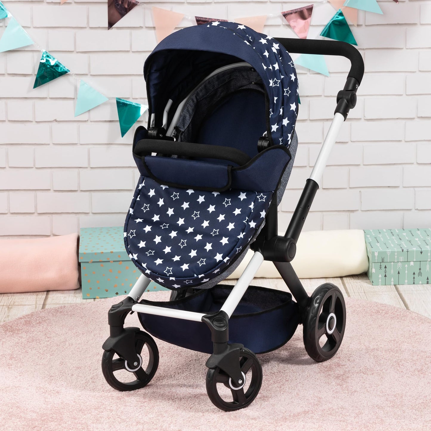 Bayer Baby Dolls Pram XEO in navy blue with white stars, convertible doll pushchair, carrycot, changing bag, adjustable handle for girls