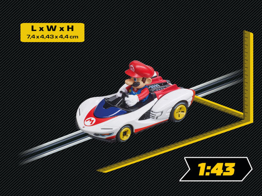 Colorful Carrera Go!!! Nintendo Kart P-Wing Mario slot car on track, featuring multicolored design and detailed Mario character.