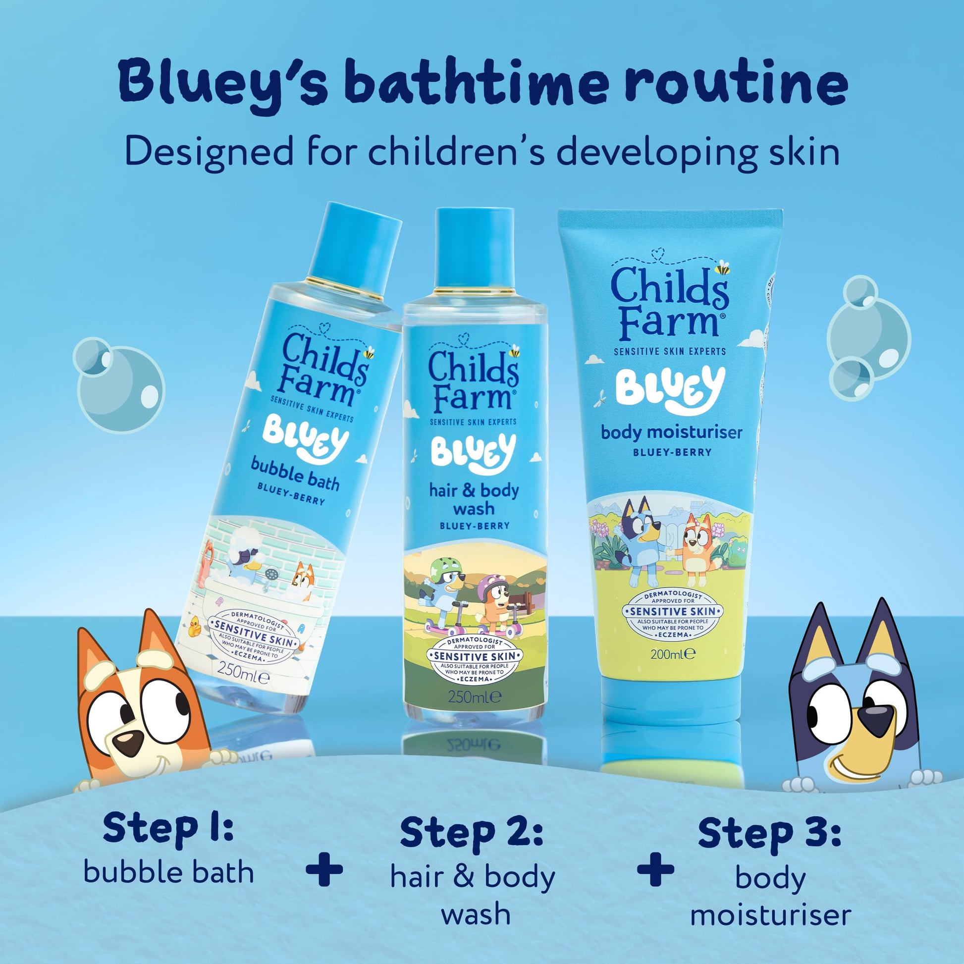 Childs Farm Bluey Berry Bubble Bath, Hair & Body Wash, and Body Moisturiser set for sensitive, dry skin in kids and adults