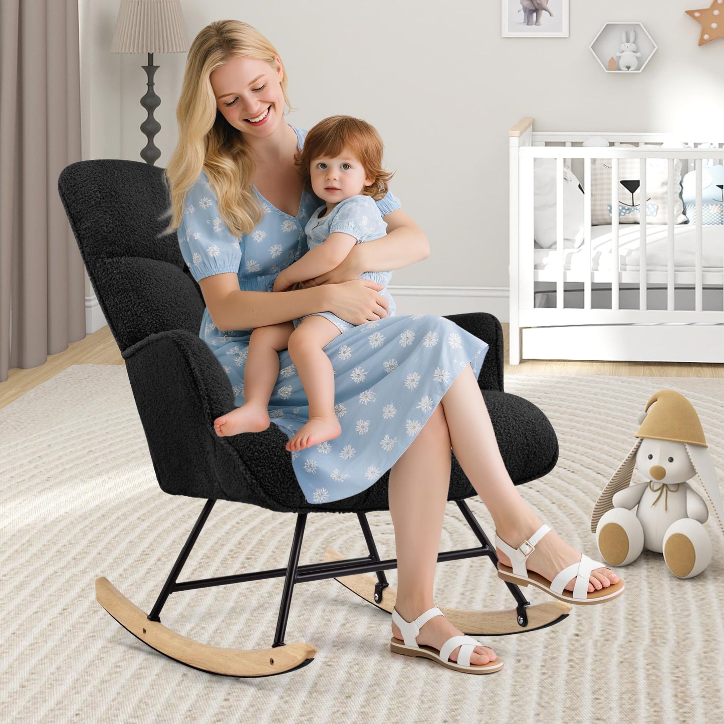 Aunekiv Rocking Chair for Nursery, Teddy Upholstered Glider Nursing Chair for Adults, Comfy Rocking Armchair Indoor for Living Room Bedroom, Black