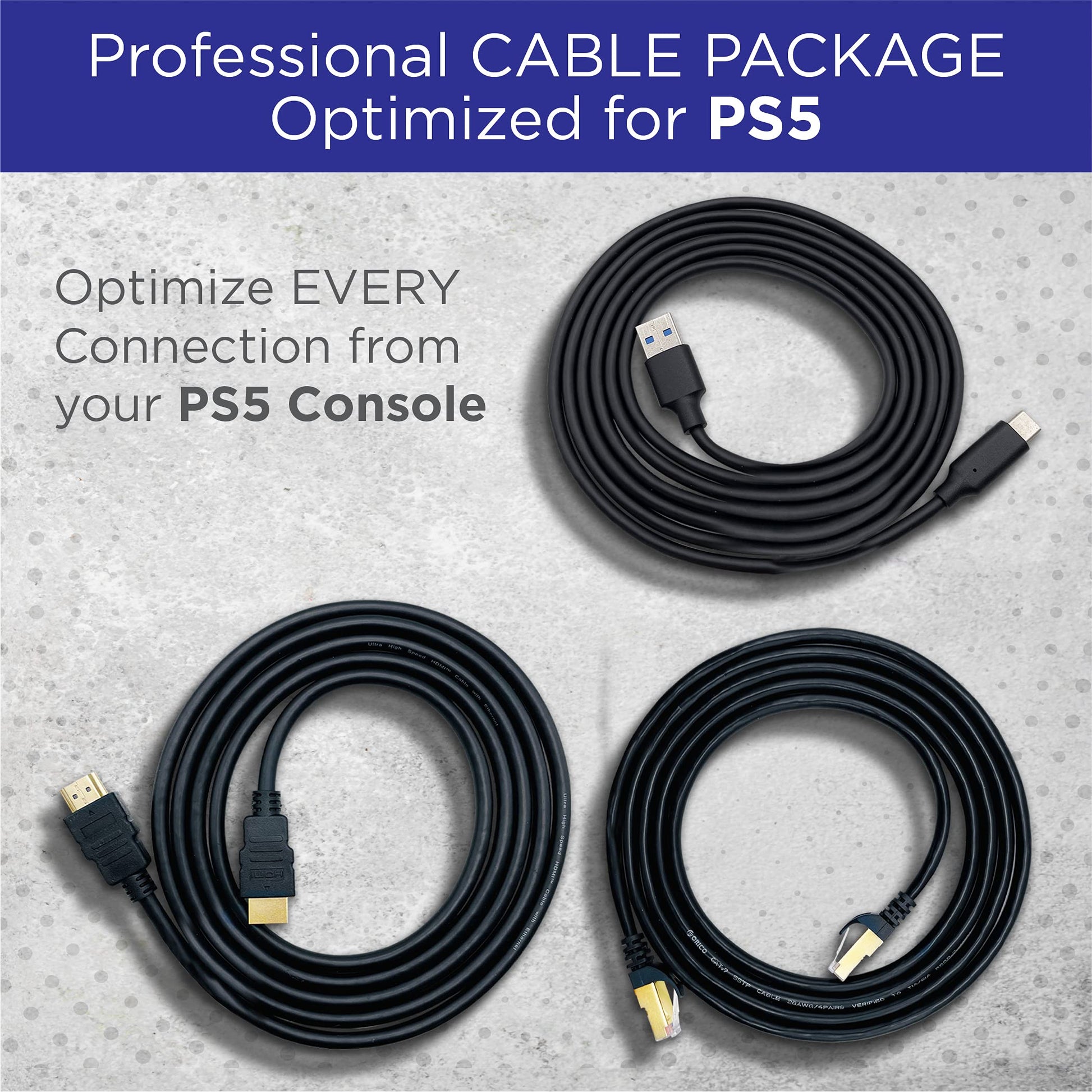 BrightOn PS5 HDMI 2.1 8K/4K high-speed gold-plated CAT 7 cable with USB A to USB C for fast charging and high-definition gaming.