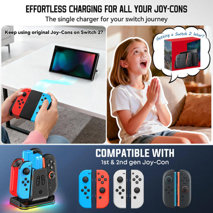 Rysker Switch 2 & 1 Controller Charger dock for Nintendo Switch and OLED, with RGB lighting and fast charging for Joy-Con controllers.