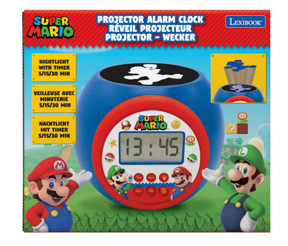 LEXIBOOK Nintendo Super Mario projector alarm clock with night light, LCD screen, snooze, and battery operation.