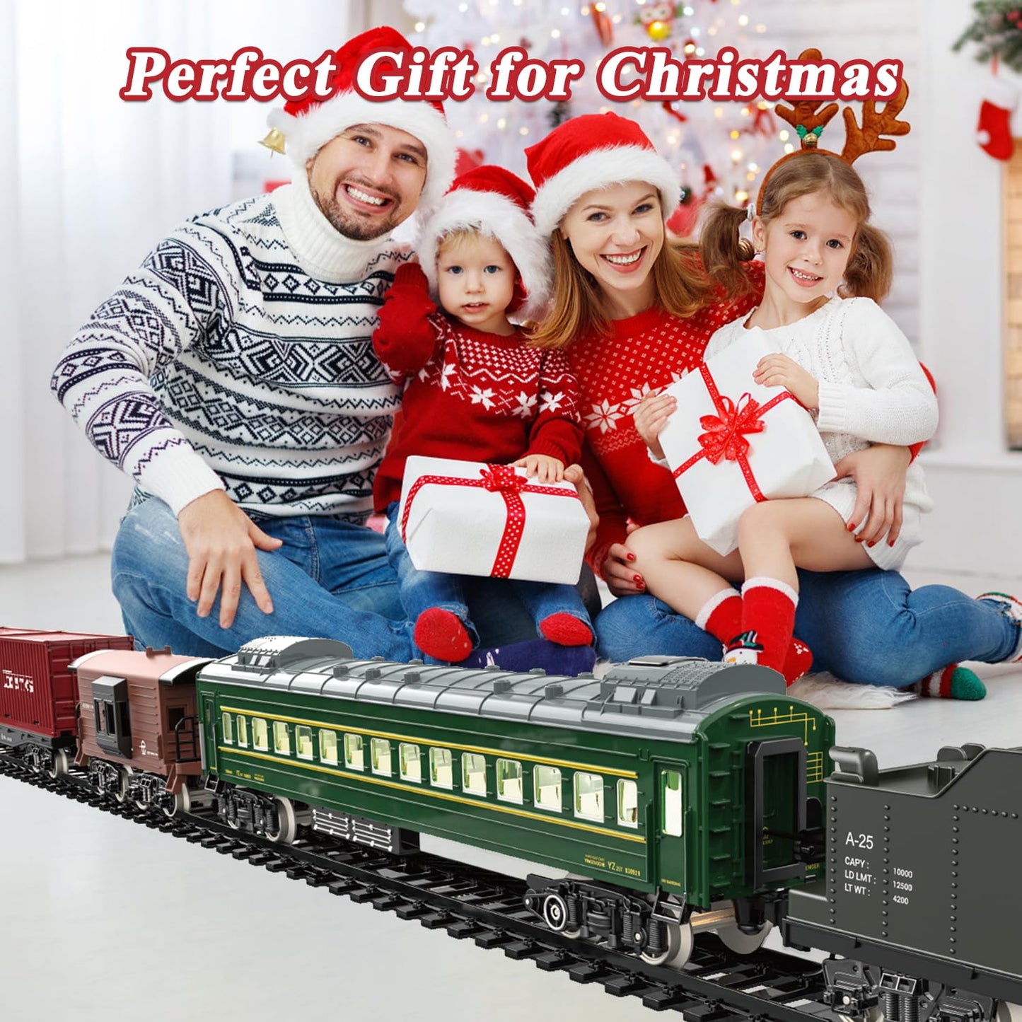 Hitish Train Set for Kids, Electric Train Toys with Realistic Light Sounds Smoke, Christmas Train Model Gifts for Toddlers Boys Girls, Steam Locomotive, Luxury Track & 2 Glowing Passenger Carriages