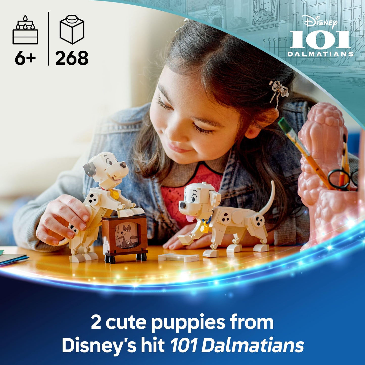 LEGO ǀ Disney Lucky & Penny 101 Dalmatians Puppies Toy - Play & Display Animal Figures with Movable Heads, Legs & Tails - incl. a Bone and TV - Gift for 6+ Year Old Girls 43271
