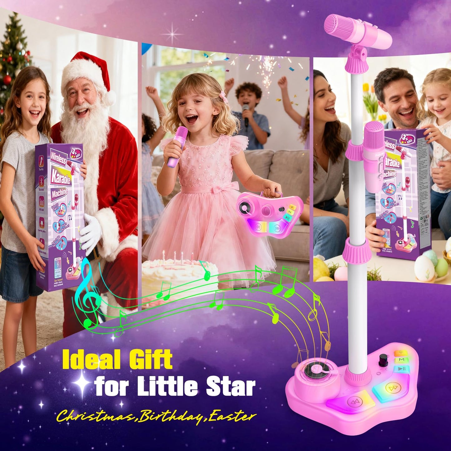 Dislocati Kids Karaoke Machine with 2 microphones, Bluetooth speaker, LED lights, and stand, suitable for girls aged 3 to 10.