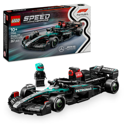 LEGO Speed Champions Mercedes-AMG F1 W15 race car toy with collectible driver minifigure on a display stand.