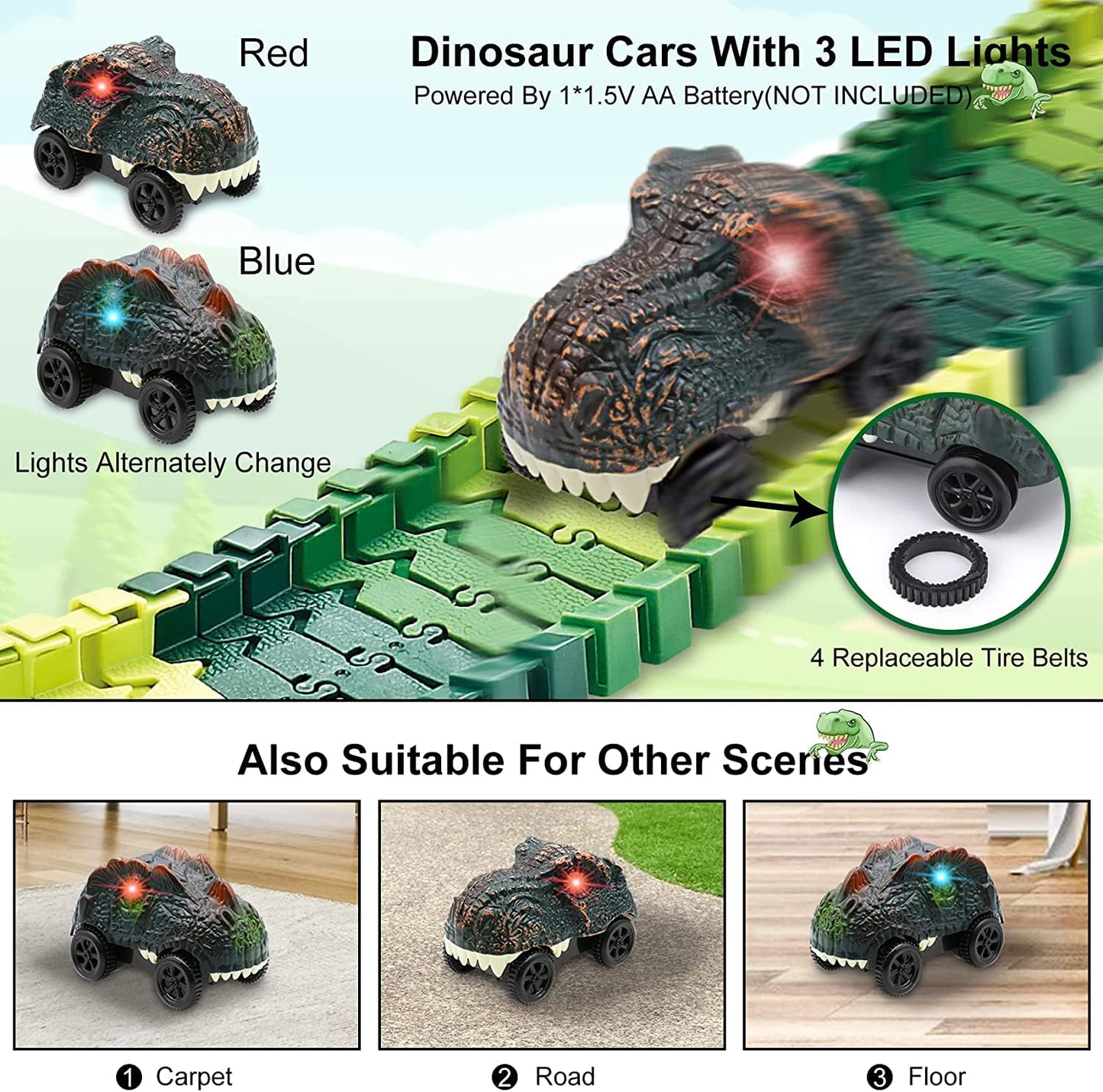 Dinosaur Race Track Toys,Create A Dinosaur World Road Race for Kids Toys,Flexible Track Playset and 2 Cool Dinosaurs Car for 3 4 5 6 7 8 Year Old Boys Girls Gift