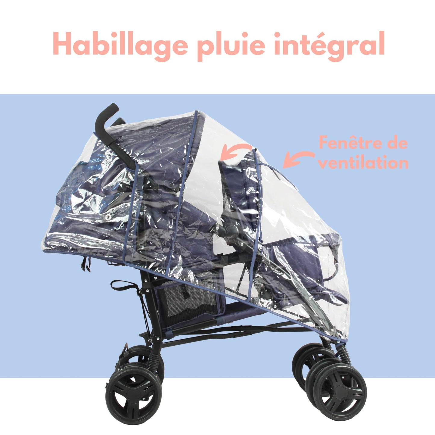 Bambisol - Double Pushchair - Folding, Compact - Rain Cover Included - Navy Blue