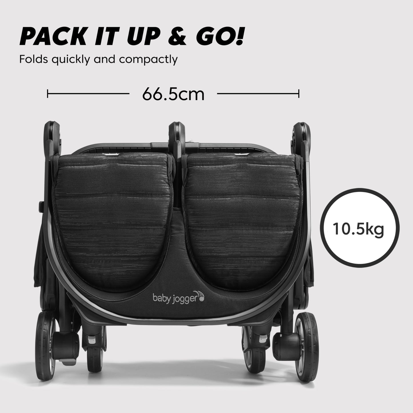 Baby Jogger City Tour 2 Double travel pushchair in pitch black, lightweight, foldable double stroller for infants and toddlers