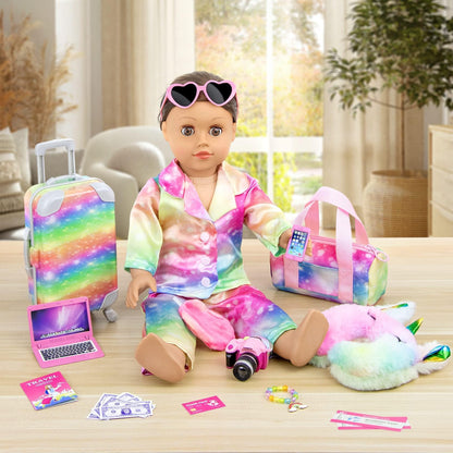 ZITA ELEMENT 23 PC doll accessories set featuring a rainbow suitcase, bag, camera, computer, and neck pillow.