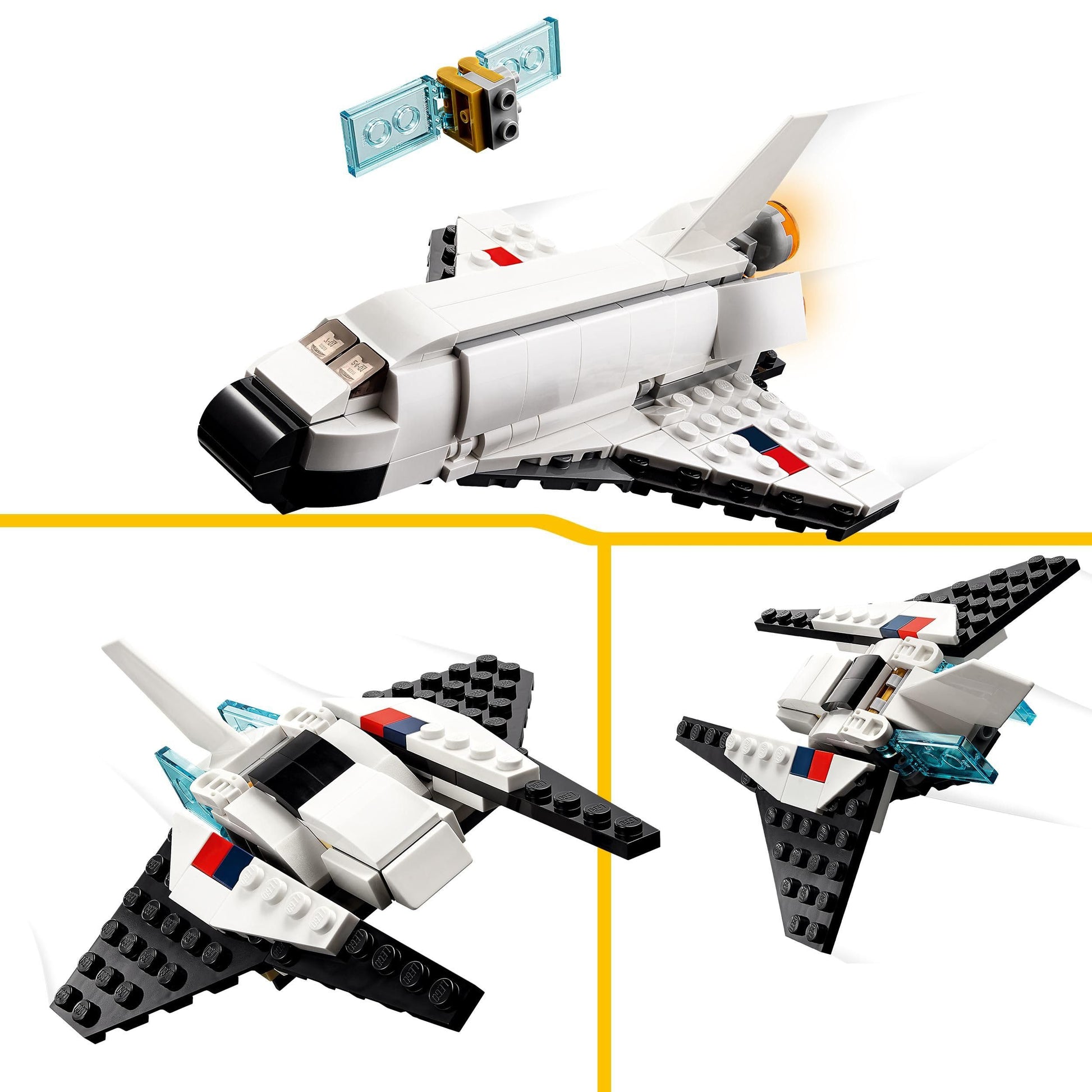 LEGO 31134 Creator 3 in 1 set featuring a space shuttle, astronaut figure, and spaceship building toys for kids.