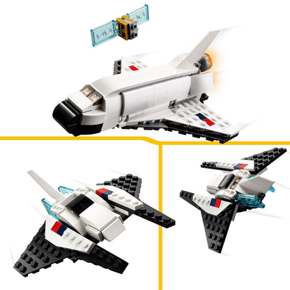 LEGO 31134 Creator 3 in 1 set featuring a space shuttle, astronaut figure, and spaceship building toys for kids.