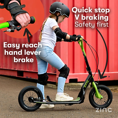 Zinc Radikal BMX Scooter for Kids Ages 6+ – 12 Inch Big Wheel Stunt Scooters with 360 Degree Handlebar Spin, Front & Rear Brakes, Steel Frame, Off-Road Tyres, Green & Black