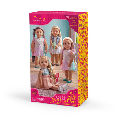 Our Generation Phoebe fashion doll dressed in a complete outfit with hair extensions and a comb for kids' playtime adventures.