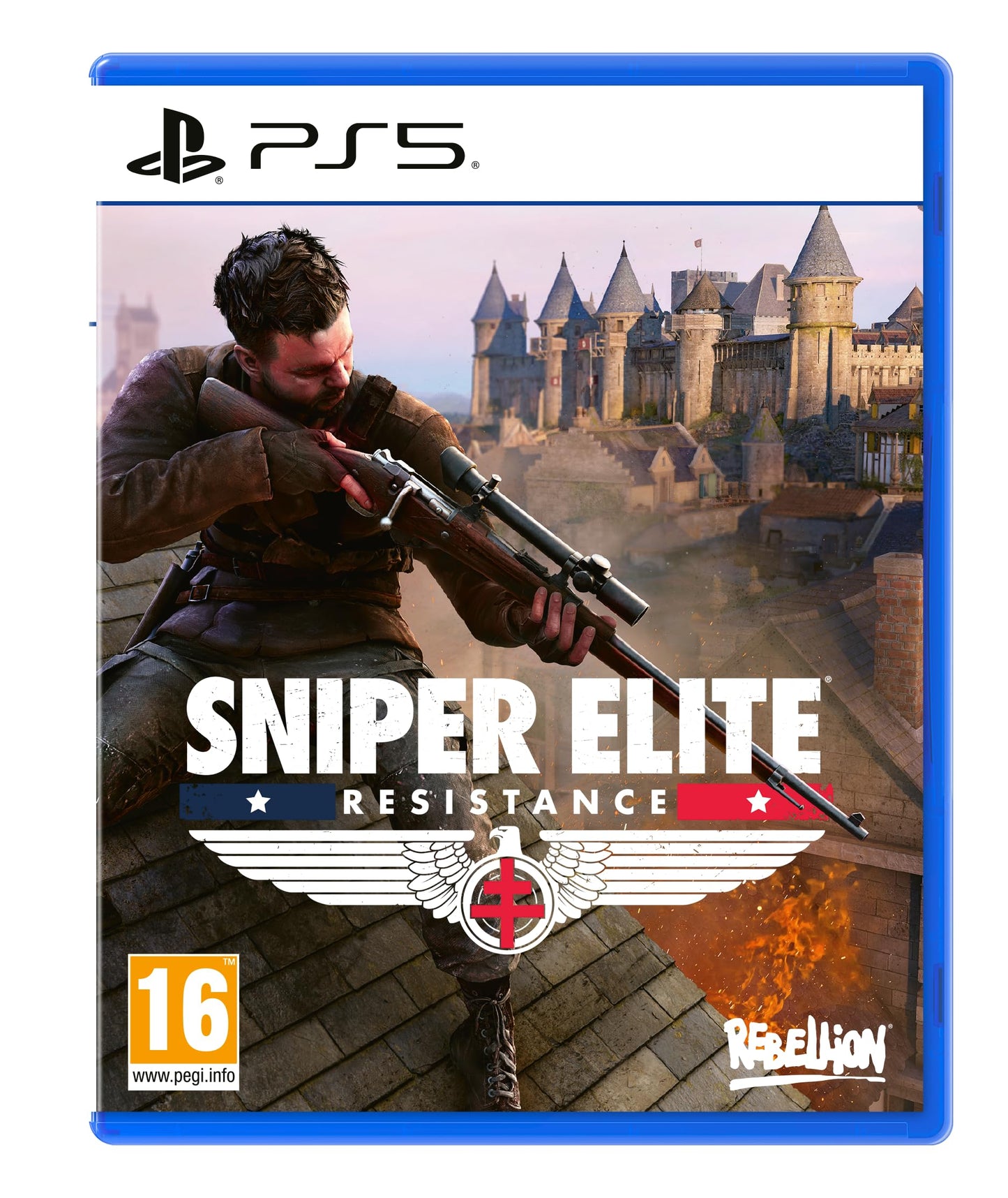 Sniper Elite: Resistance game cover for PlayStation 5 featuring military-themed artwork and Fireshine Games branding.