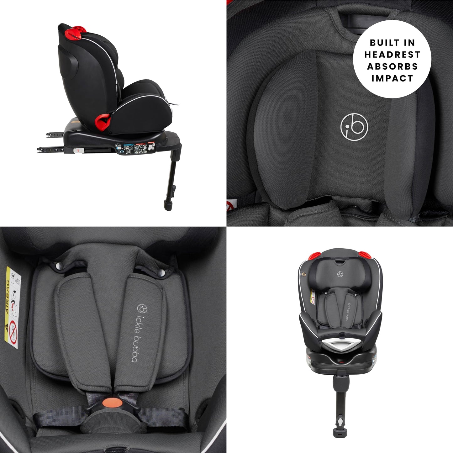 Ickle Bubba Radial Group 0+/1/2 Car Seat, Suitable from Birth to 25kg (Approx. 7 Years), 360 Degree Rotating Design for Easy Access & Integrated ISOFIX Base for Secure Installation - Grey/Black