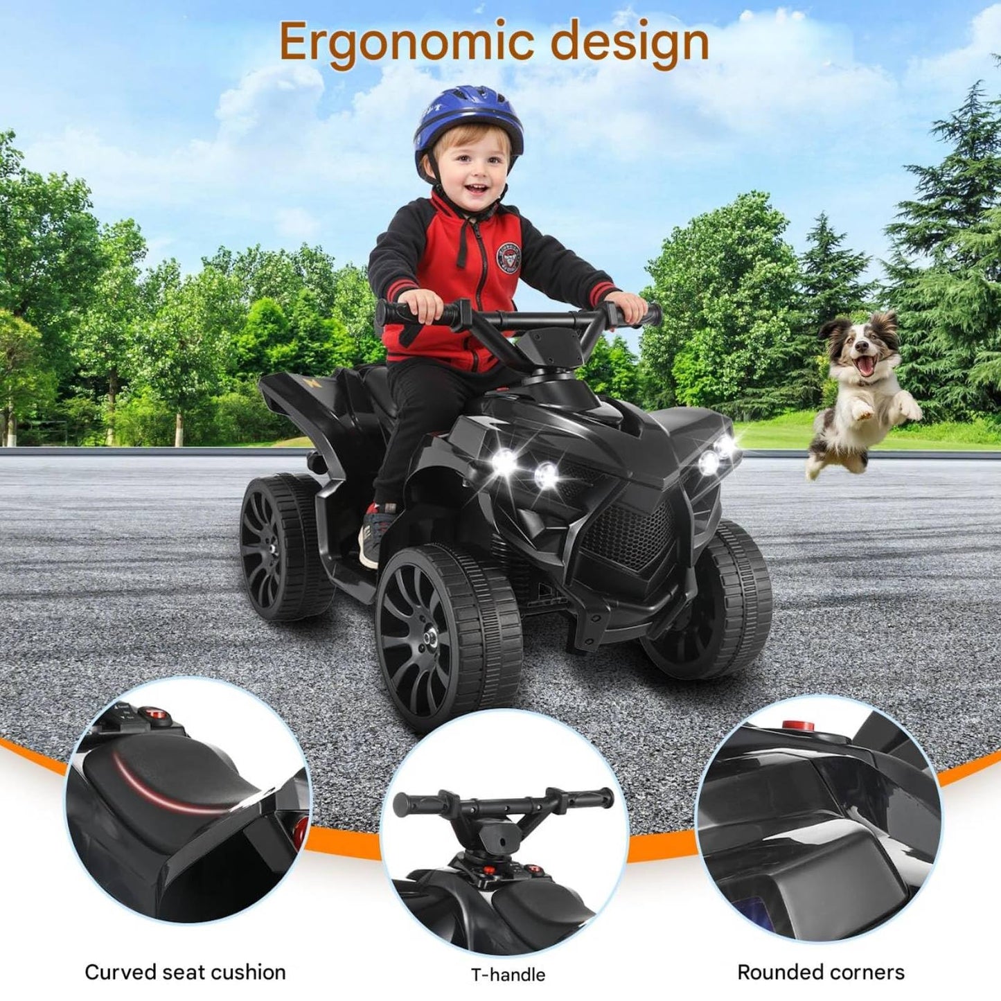 MAMIZO 6V Kids Electric Ride on Car, ATV Quad Bike with MP3 Music Player, Trumpet and LED Lights, USB Charging, Children Vehicle Quad Electric Car 3-5 km/h, for 3 Years Old Boys Girls, Black