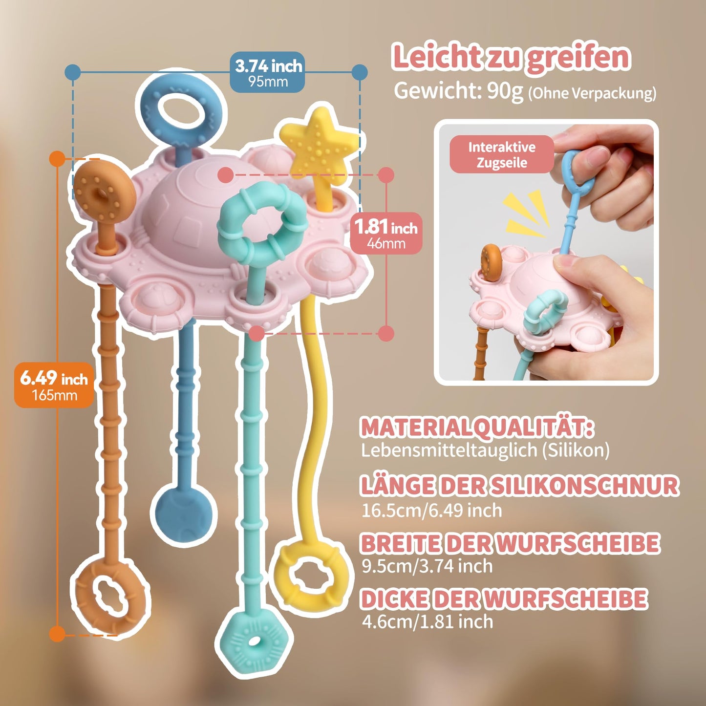 ROWFEN Baby Travel Toys - Montessori Silicone Pull String Toy Develops Sensory Skills for Babies, Built-in Rattle and Soft Press Function, Safe and Easy to Clean Design (Pink)