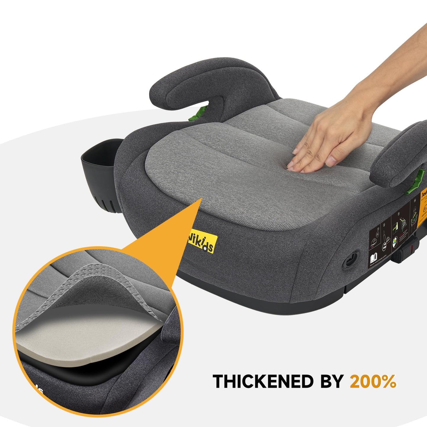 Jovikids I-Size Booster Seat with ISOFIX, Suitable for Child Height 125-150cm, Portable Car Seats with Cup Holder for Kids, Comfortable & Compact for Everyday Use, Great for Travel, ECE R129 (Grey)