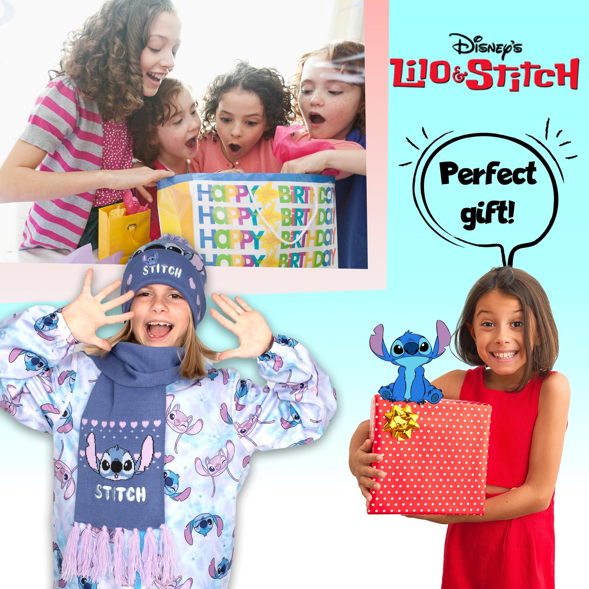 Disney Lilo & Stitch winter hat and scarf set for girls, cozy purple knit beanie and scarf perfect for kids ages 6-12.