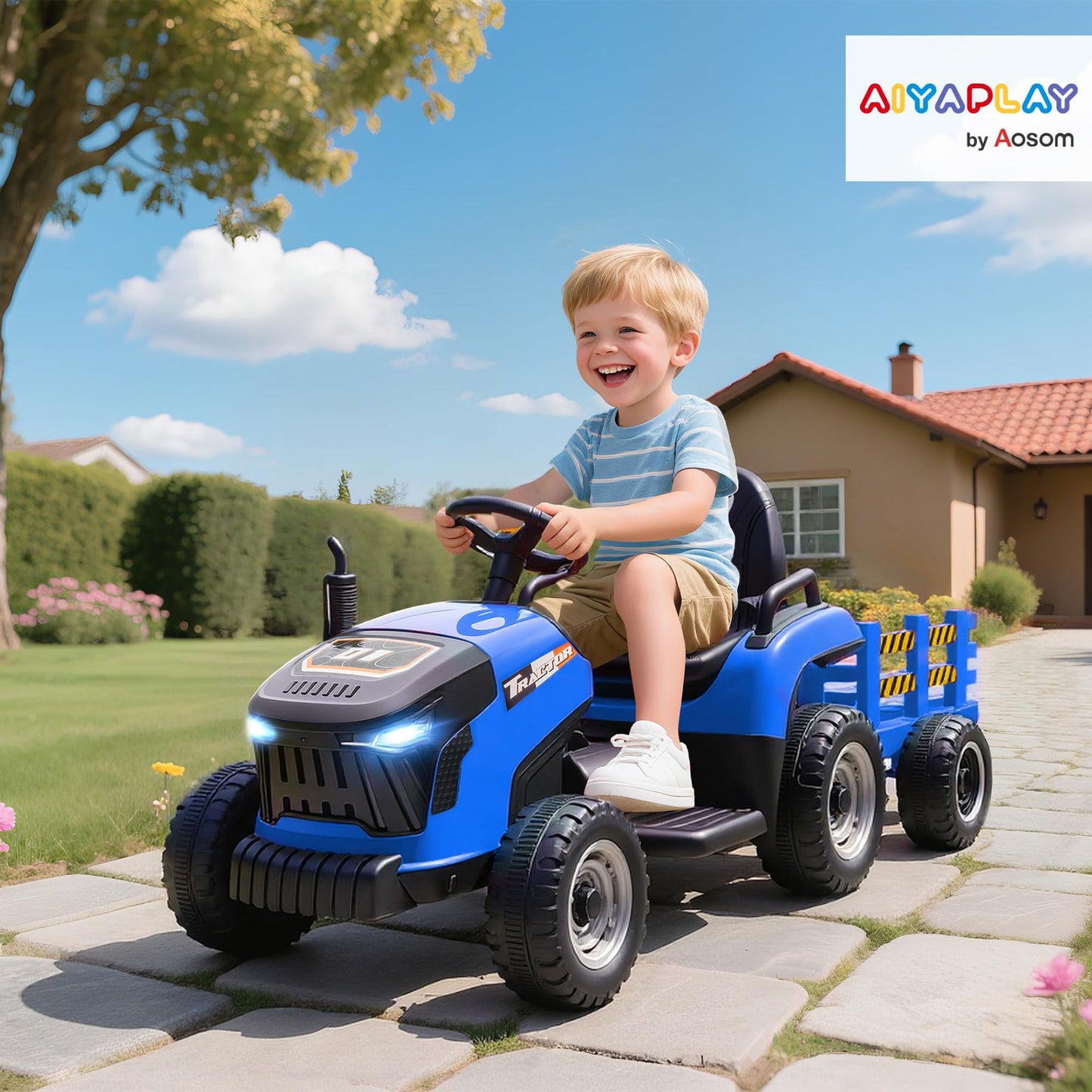 AIYAPLAY Ride on Tractor with Trailer, 12V Electric Vehicle with Remote Control, Ride on Car for Kids with Music, Shifter, Start-Up Sound for Ages 3-8 Years, Blue