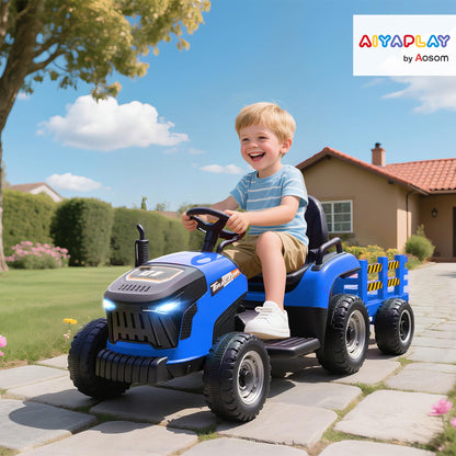 AIYAPLAY Ride on Tractor with Trailer, 12V Electric Vehicle with Remote Control, Ride on Car for Kids with Music, Shifter, Start-Up Sound for Ages 3-8 Years, Blue