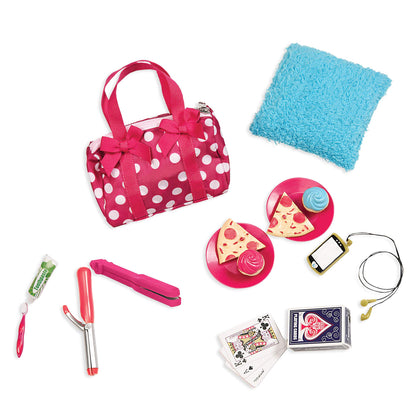 Our Generation Polka Dot Sleepover Set with pizza-themed accessories for 18-inch girl dolls, featuring 15 playset pieces.