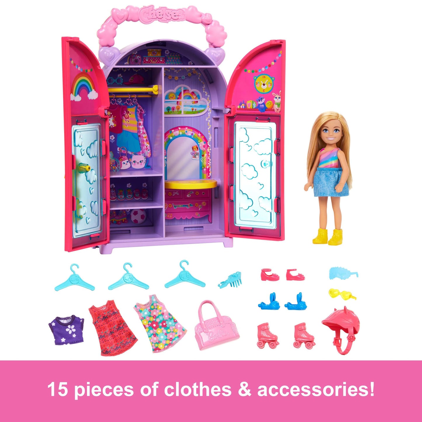 Barbie Chelsea doll playset with foldable closet, 15 clothes and accessories, ideal for on-the-go play and storage.