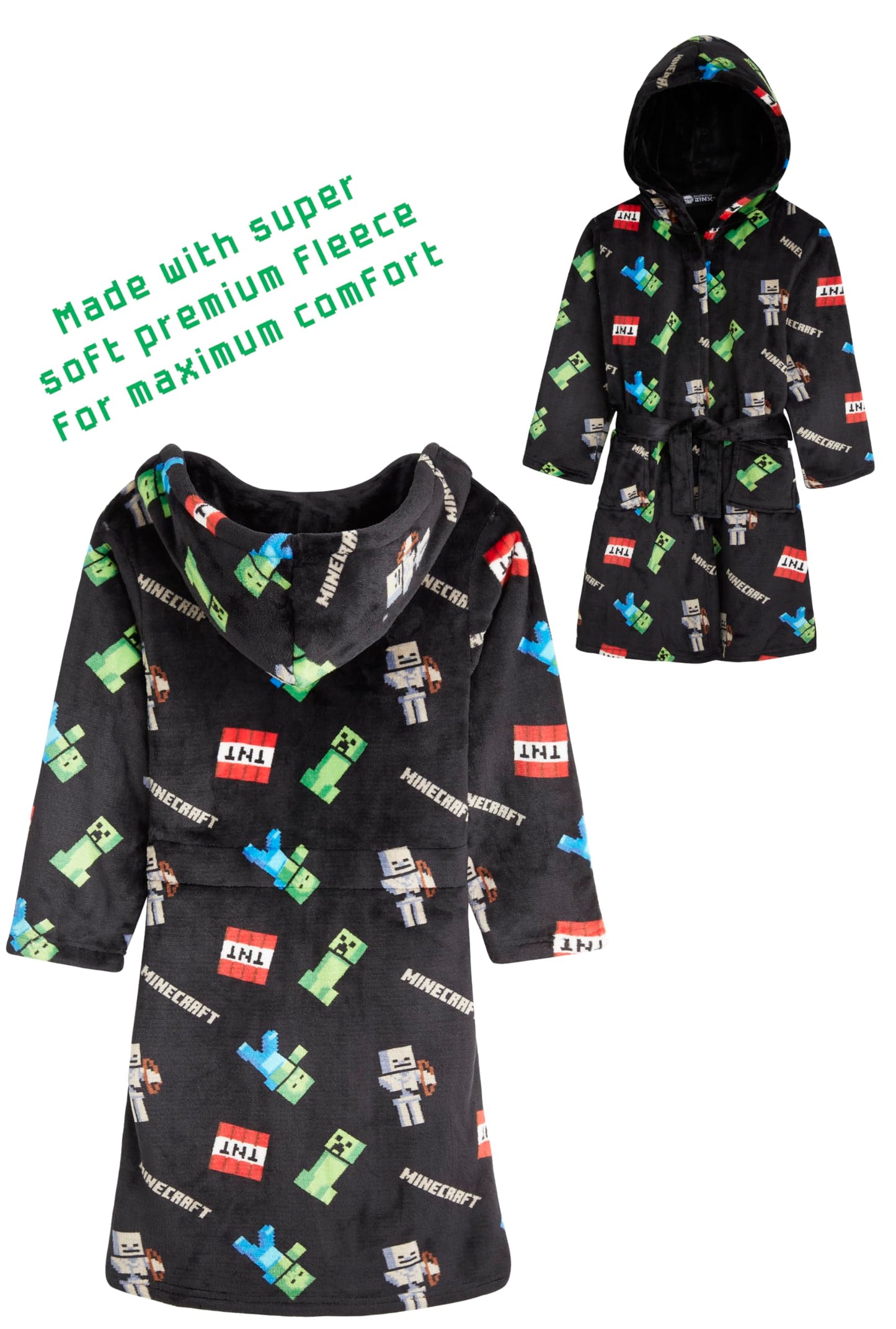 Minecraft Dressing Gown for Boys Fleece Hooded Bathrobe with Pockets Creeper Loungewear Nightwear Teens Gamer Gifts for Boys (13-14 Years, Black)