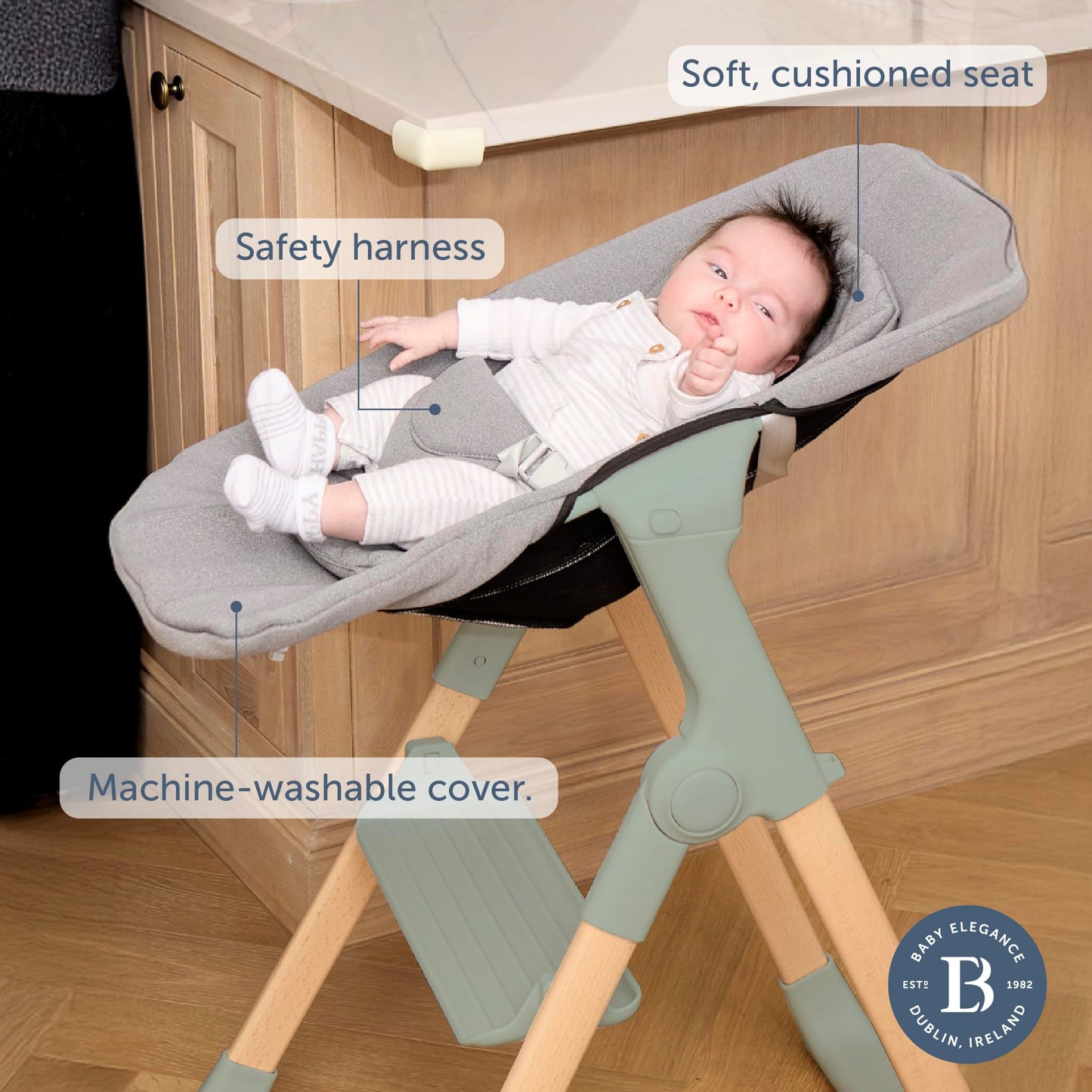 Mash High Chair Bundle by Baby Elegance | Includes Newborn Seat (0-6 Months), Toddler Seat (6+ Months) & Sage Cushion | Adjustable Sage High Chair for Babies & Toddlers
