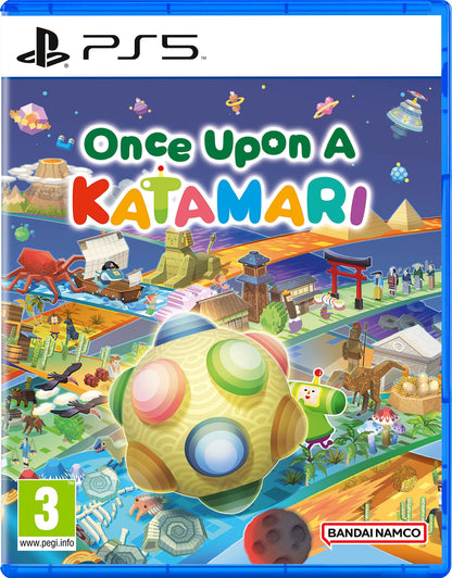 PlayStation 5 game case for Once Upon a Katamari by Bandai Namco, featuring colorful cover art with characters and game logo.