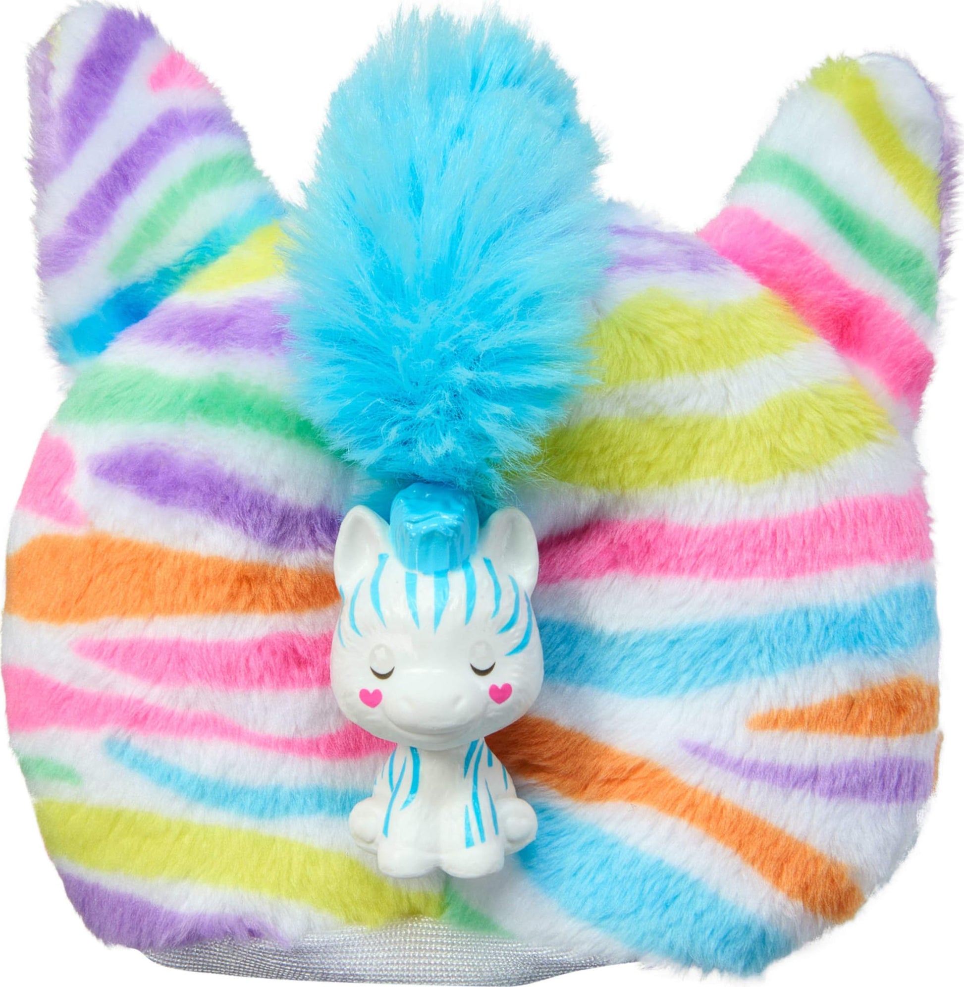 Barbie Cutie Reveal Doll with rainbow zebra plush costume and accessories, featuring surprise color change and fun details.