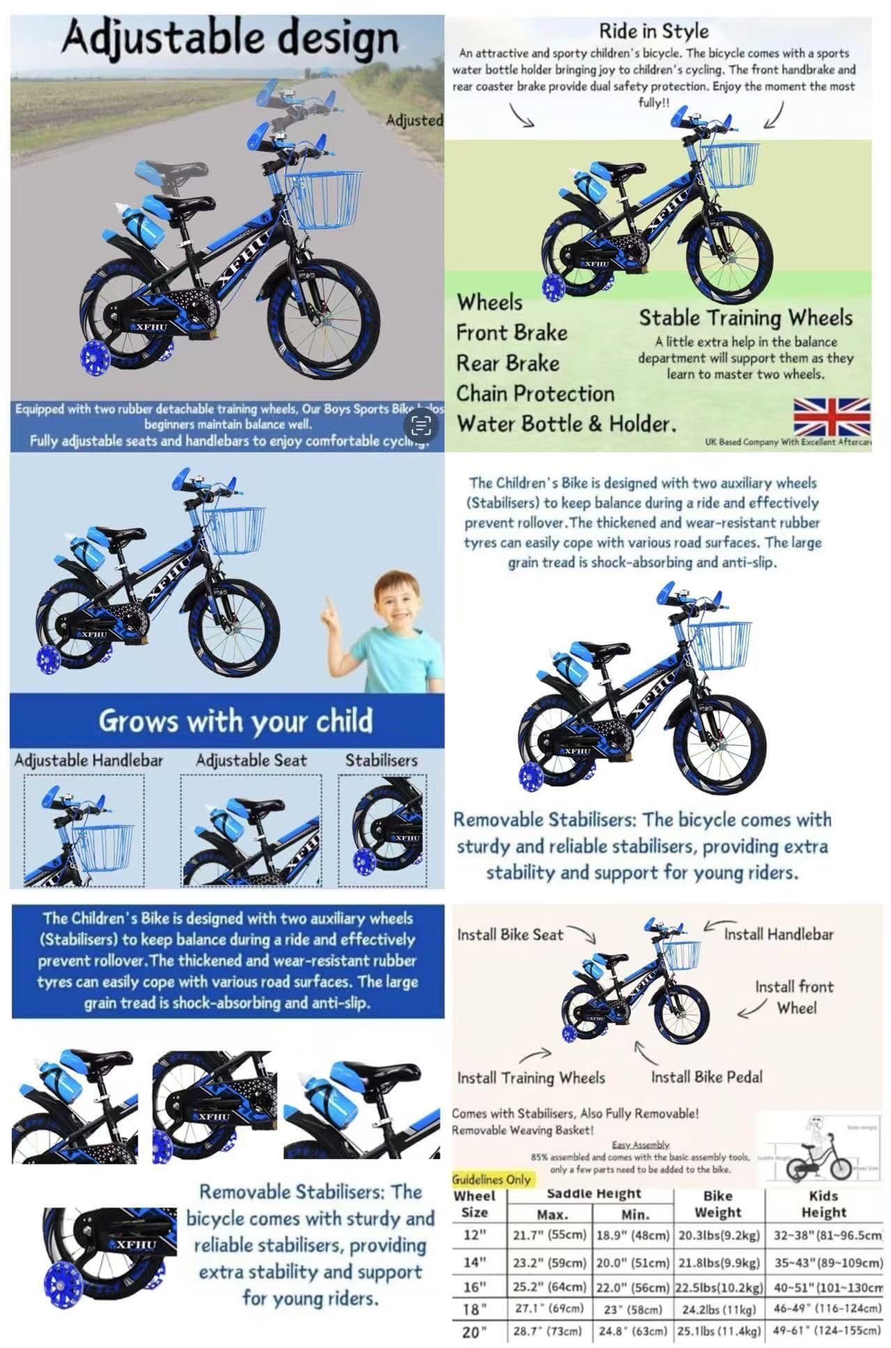 Kids Boys Bike, Raleigh, Tourer, Bicycle, Cycling, Boys Cycle, 12" 14" 16" 18" 20", Children’s Bicycle, Adjustable Sport Bike 2-12 Years Old, Stabilisers New! (20 Inch)