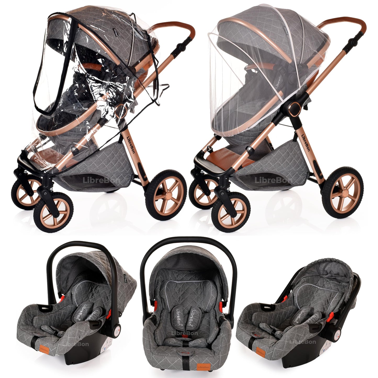 Baby Buggy Pram Pushchair Stroller 3 in 1 Child Lightweight Folding Stroller 3 in 1 Travel System Pram for Newborns & Toddlers from Birth Aluminum (Grey - Rose Gold Frame)