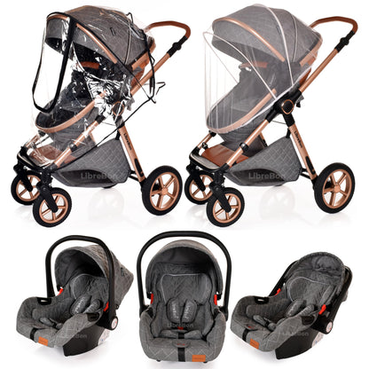 Baby Buggy Pram Pushchair Stroller 3 in 1 Child Lightweight Folding Stroller 3 in 1 Travel System Pram for Newborns & Toddlers from Birth Aluminum (Grey - Rose Gold Frame)